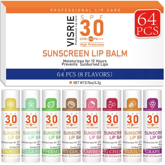 Bálsamo labial VISRIE SPF 30 con protector solar, paquete de 64 unidades, tamaño viaje