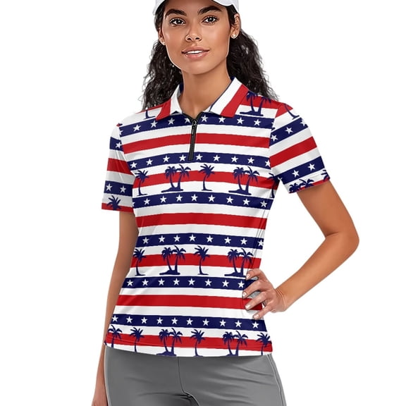 Garronmavis Golf Shirt Women Quarter Zip Short Sleeve Tennis Shirts Collared Shirts Casual Sports Workout Tops Womens Flag Golf Shirt, Tropical American Flag, Size XS