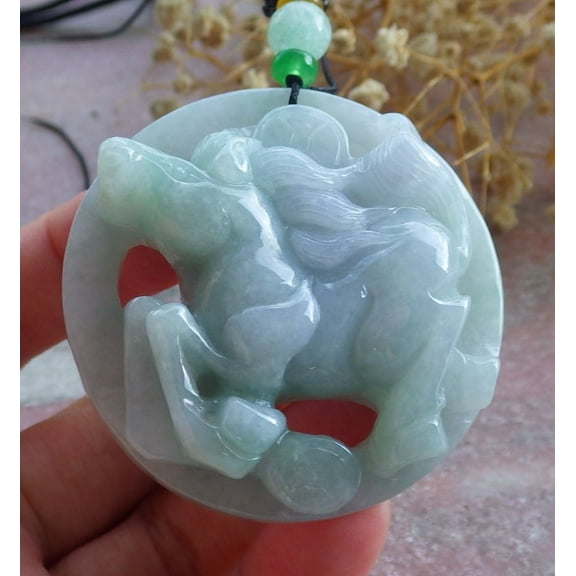 Green Lavender Natural A Jade jadeite Pendant Horse Monkey Coin Necklace 678521 TN