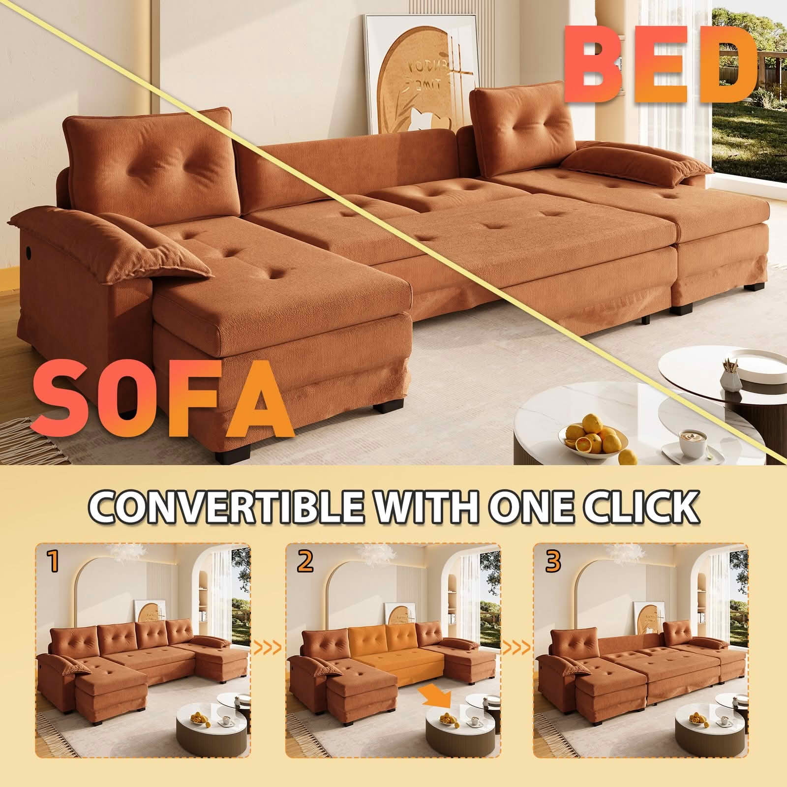 MAYEERTY 109.5" U‑Shaped Pull‑Out Sleeper Sofa, 2‑in‑1 Convertible Modular Sectional with Removable Armrests, USB Ports, Chaise Lounge, 4 Pillows Included