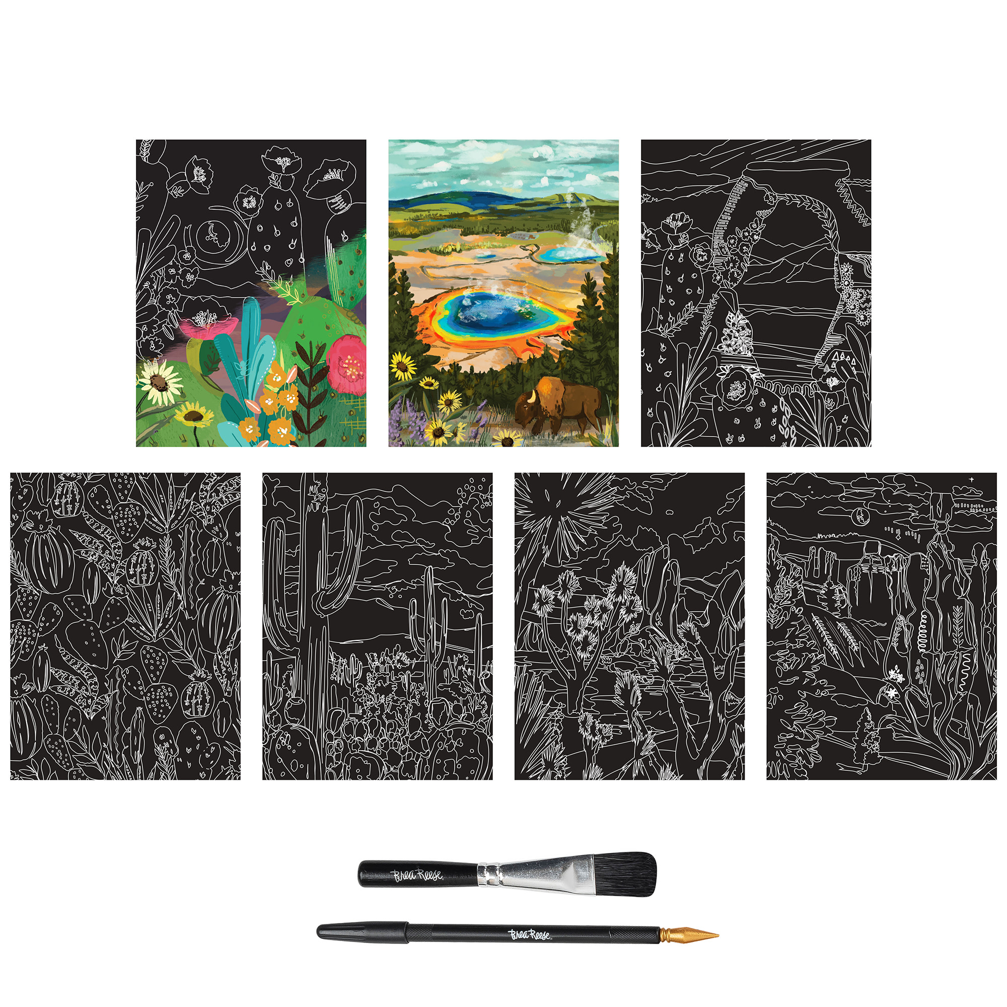 Brea Reese: Scratch Art Paper Pad - Arches & Canyons - 14 Sheets, 7 Guided Art Designs, Metallic Accents, Stylus & Brush, 6x8" Pages, DIY Adult Craft