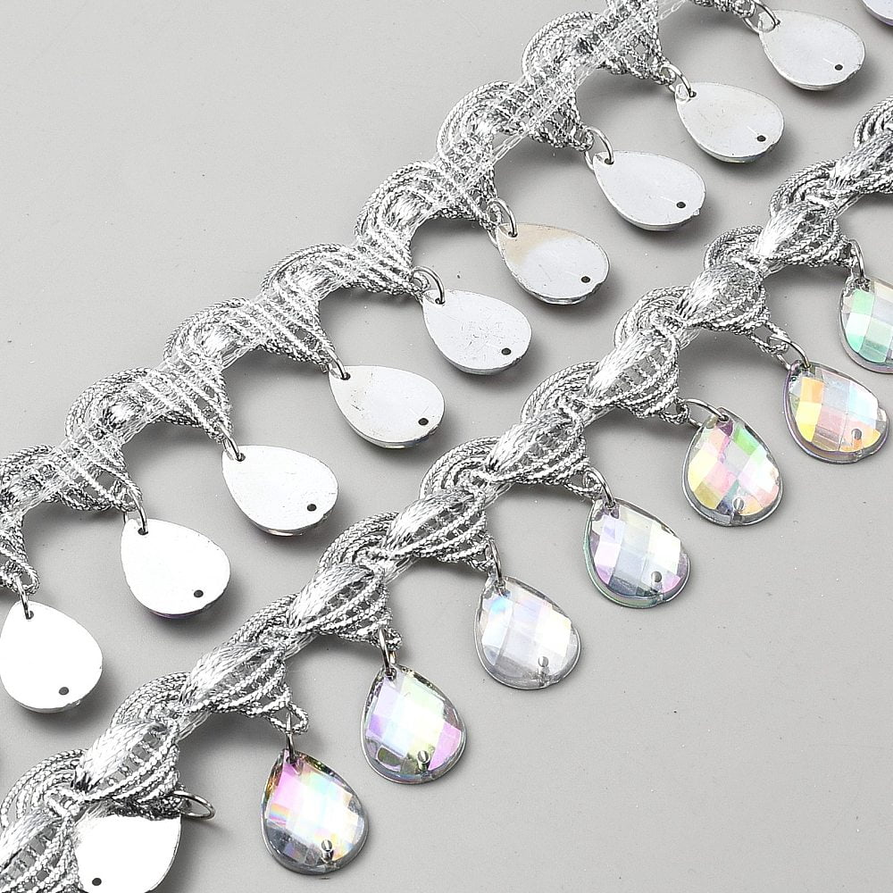 Polyester Lace Ribbon with Plastic Charms Tassel Wave Edge Lace Trim Clothes Accessories Silver 1-1/2 inch(39.5mm)