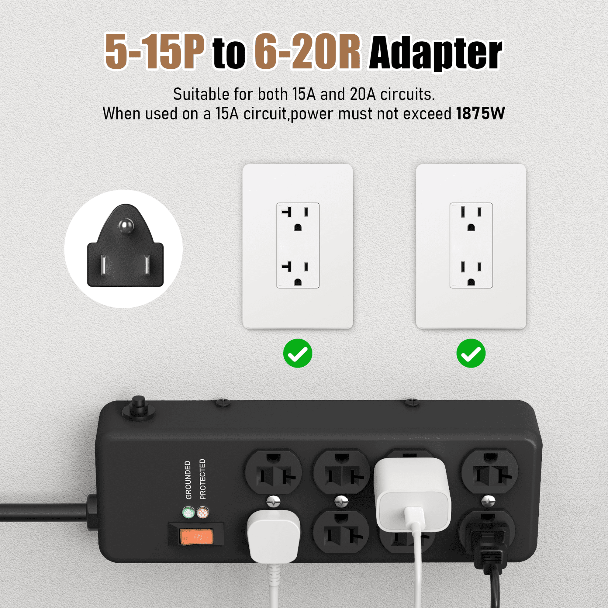 VILONG 20 Amp Power Strip Heavy Duty Surge Protector, 4800J, Wall Mount, 6ft 12 Gauge Extension Cords Adapters Plug for Indoor, Black