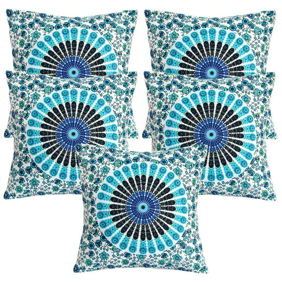 Stylo Culture Ethnic Chair Seat Throw Pillow Covers 16 x 16 Peacock Eye Printed Blue Traditional 40cm x 40cm Home Decor Cotton Mandala Square Cushion Covers | Set Of 5