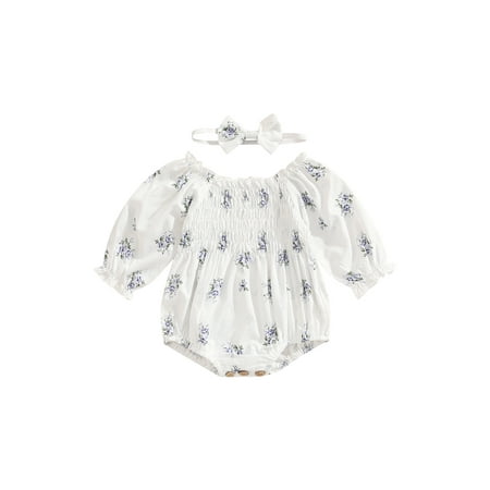 

Bagilaanoe Newborn Baby Girl Rompers Flower Print Fly Sleeve Bodysuit + Headband 6M 12M 18M 24M Infant One Piece Jumpsuit
