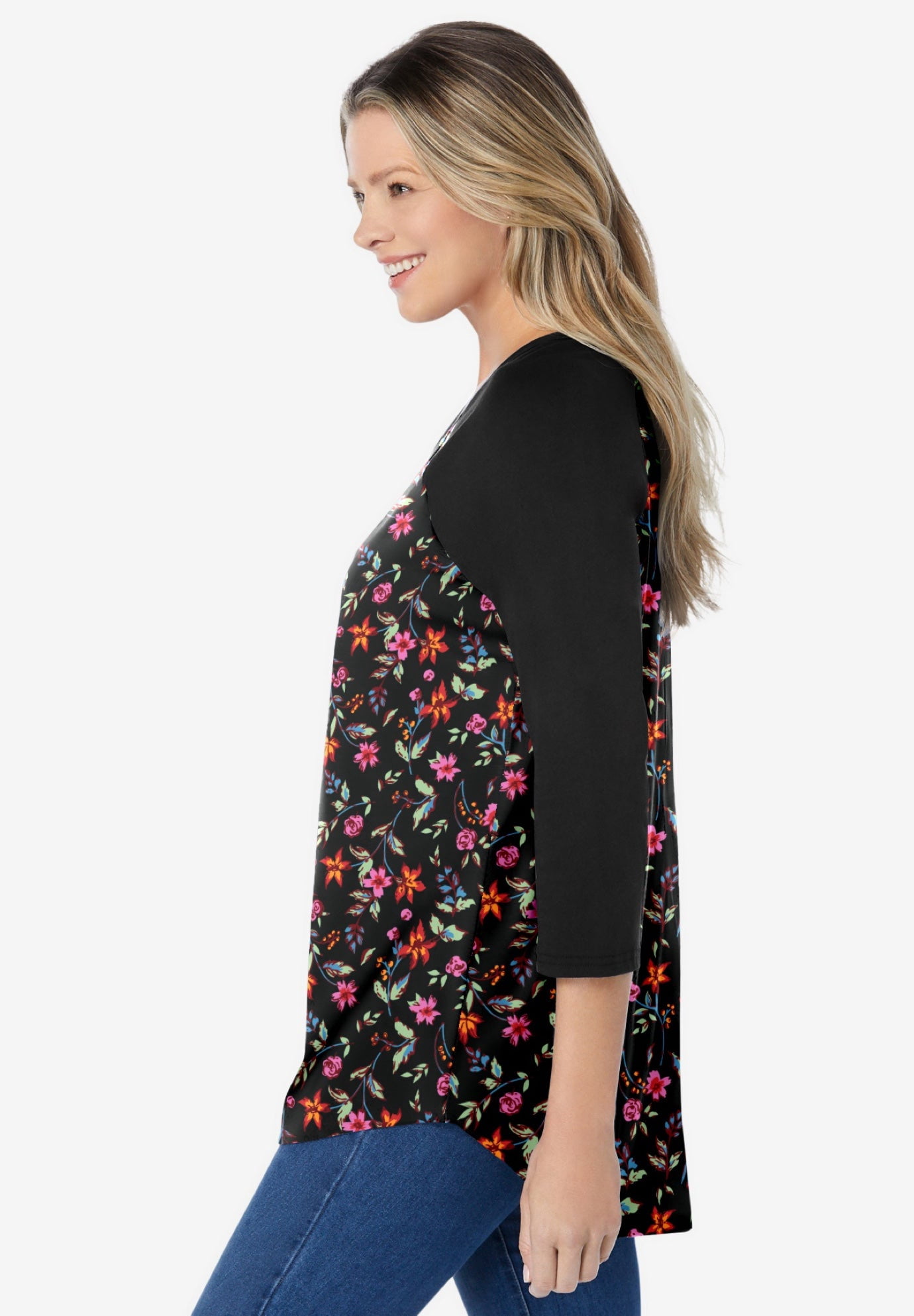 Woman Within Plus Size Three-Quarter Sleeve Baseball Tee