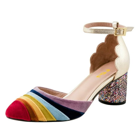 FSJ Women Chic Block Chunky Low Heels Pumps Rainbow Pointed Closed Toe Ankle Strap Buckle D Orsay Sandals Multicolor Ladies Party Office Shoes Size 6.5 Gold Rainbow