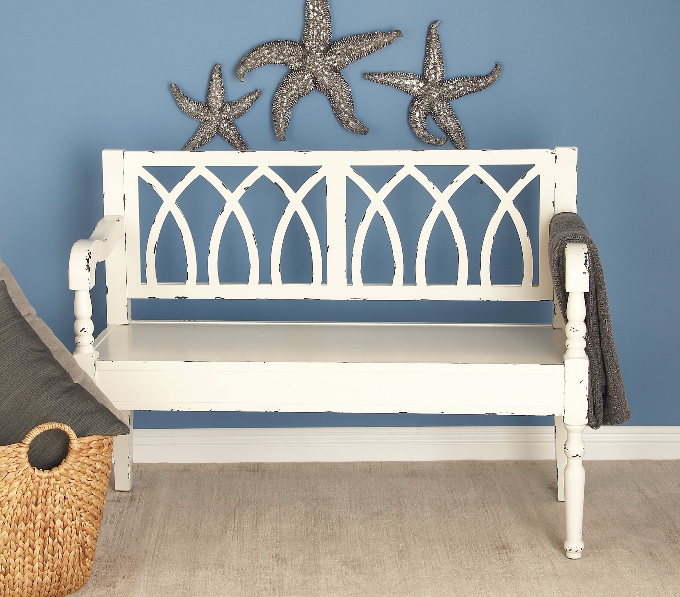 Decmode Rectangular Distressed White Wood Bench With Arched Carved