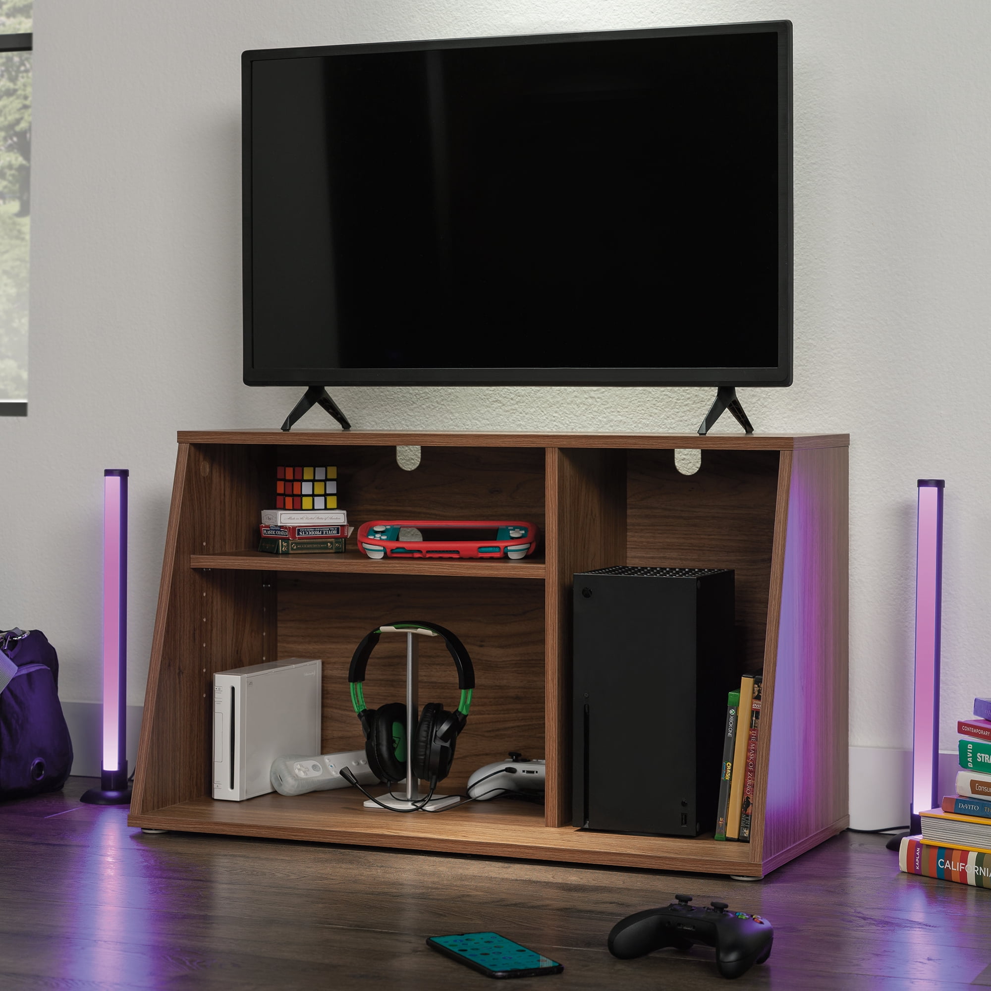 Mainstays Gamer TV Stand Console for TVs up to 32 in, Warm Walnut Finish