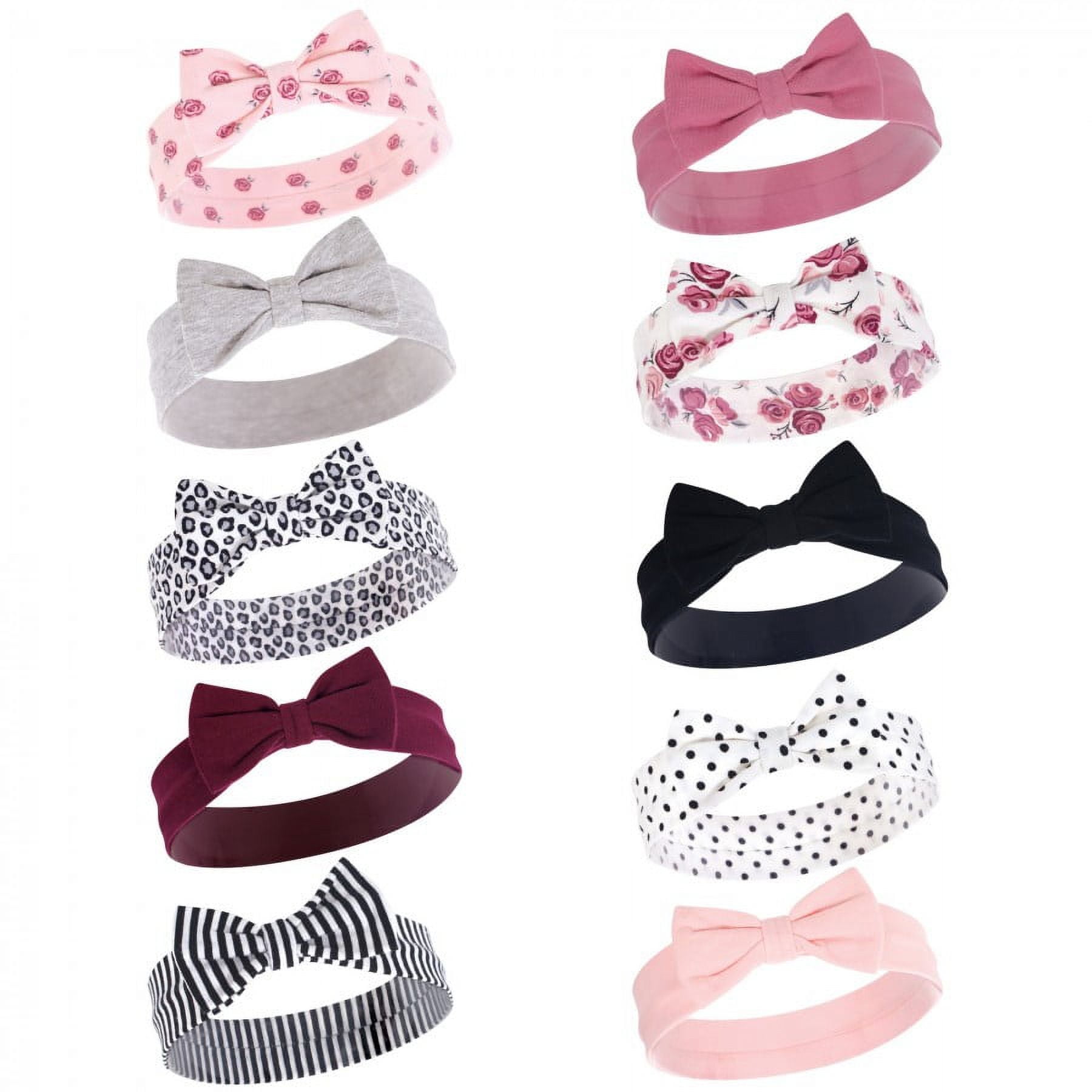 Hudson Baby Infant Girl Cotton and Synthetic Headbands Bundle Set, Rose, 0-24 Months