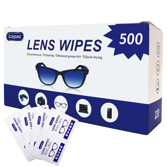 Toallitas para lentes de anteojos Icepac 500, prehumedecidas, envueltas individualmente