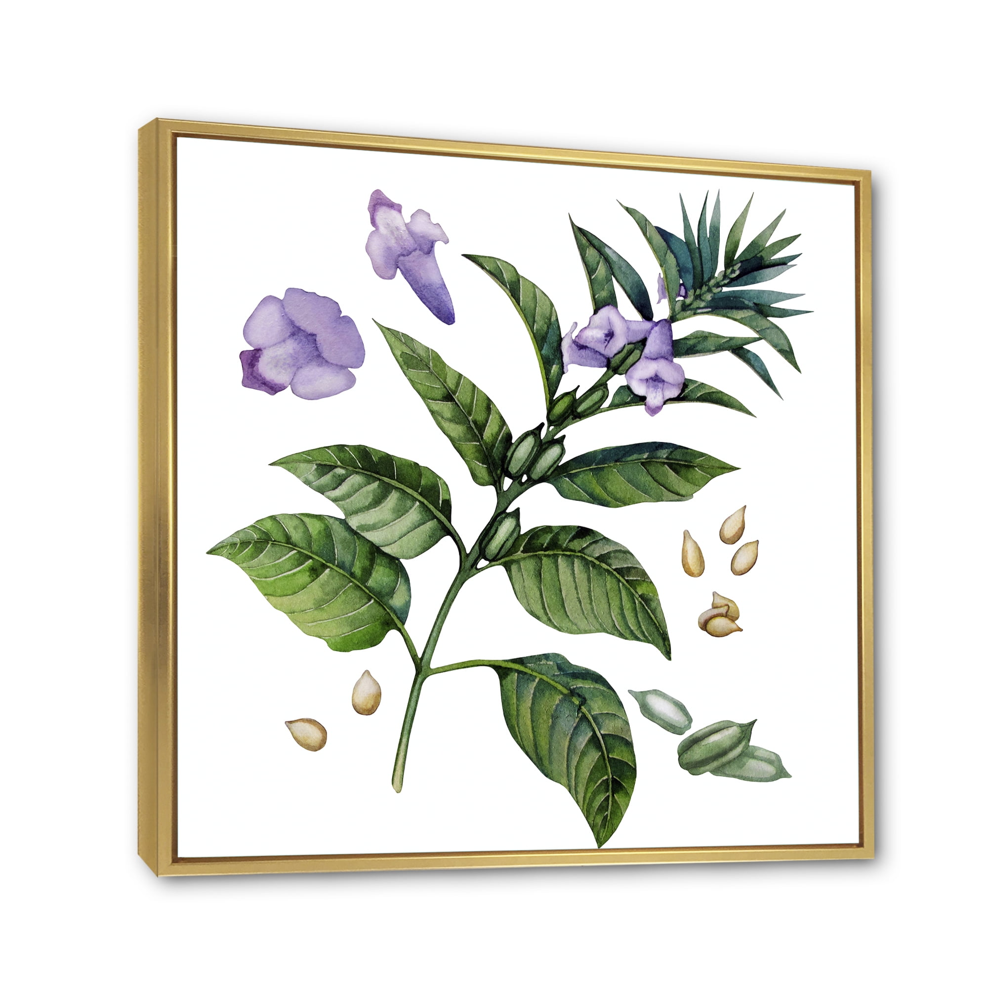 Designart 'Purple Sesame Flowers WIth Green Leaves On White' Traditional Framed Canvas Wall Art Print