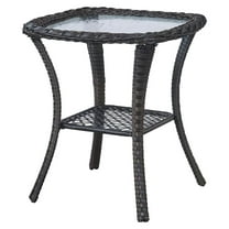 Rattan Patio Side Table, 2 Tier Hand Woven Wicker Bistro Table, 5 mm Frost Glass Top Square Table, Brown Wicker
