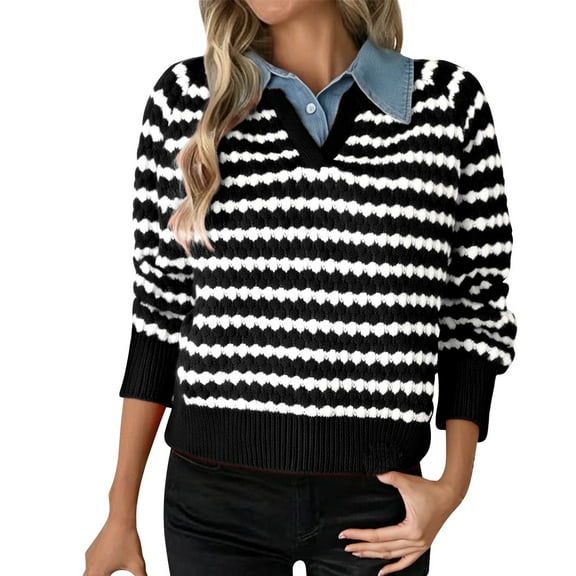 Collared Sweaters for Women, Yigetop Women's Button Down Long Sleeve Crewneck Crop Cardigan Sweater Cute Knitwear Clothes Sweater with Collared Shirt Attached Women Black L