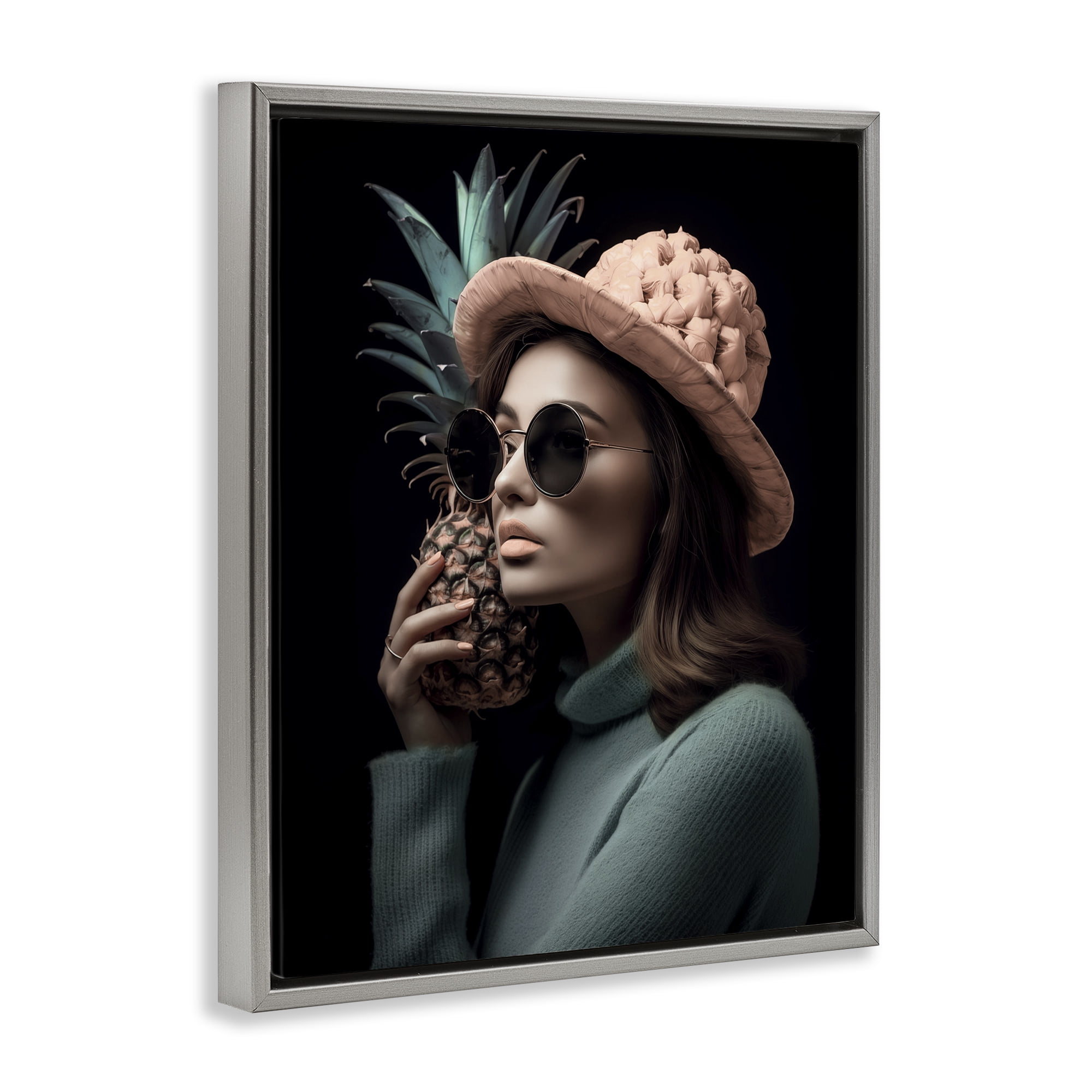 Stupell Industries Chic Girl with Pineapple Novelty Painting Gray Floater Framed Art Print Wall Art, 17 x 21