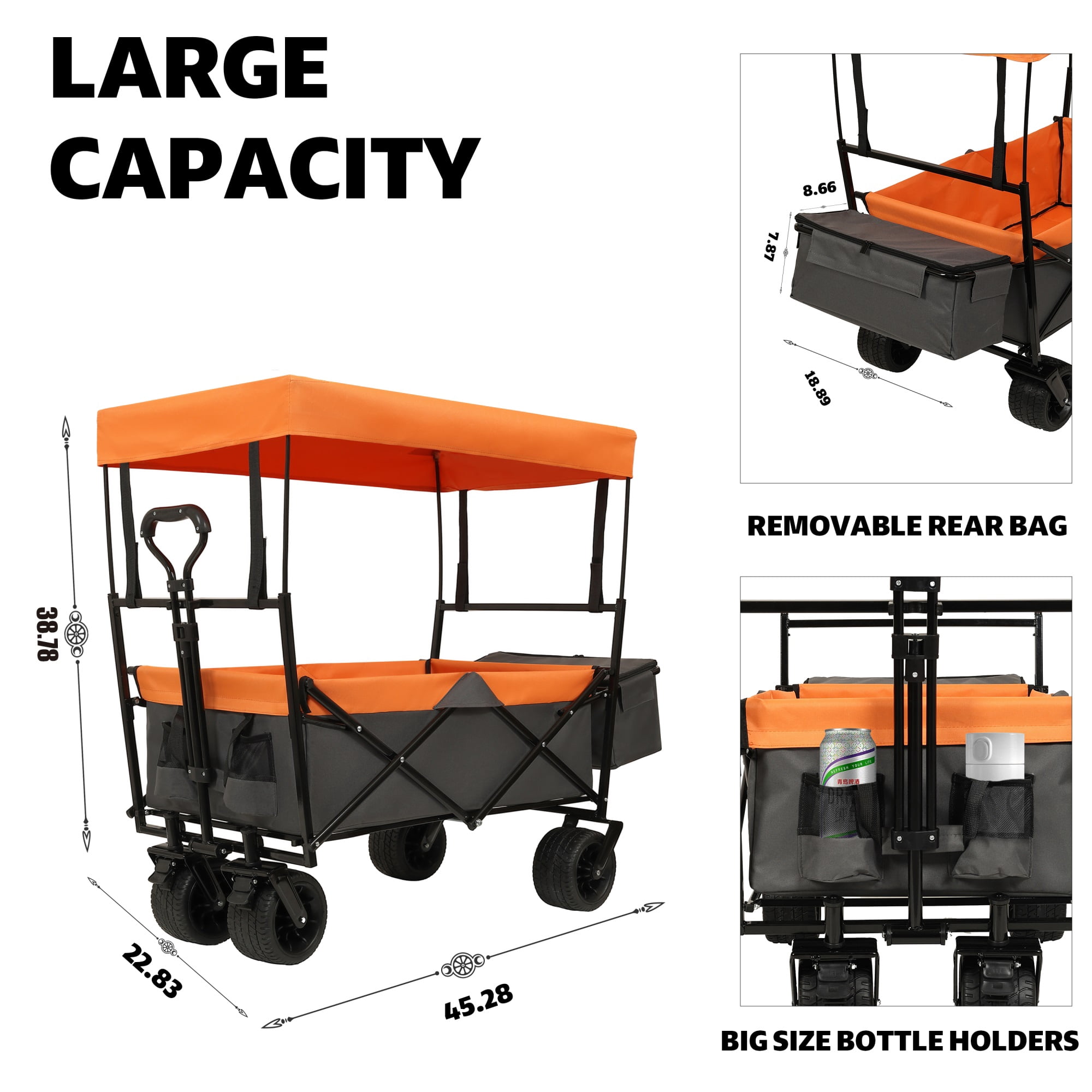 480Lbs Collapsible Wagon With Canopy,Wagon Stroller With 7" All-Terrain Wheels, Lightweight Foldable Wagon, Large Capacity For Camping, Shopping, Sports, And Garden Use,orange With Mosquito Net