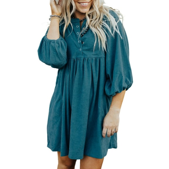 Women's Blue Corduroy Empire Waist Dress with Snap Buttons - [ZhiHiMeRi] | (US 12-14)L