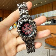 Men's Gothic Flame Bezel Evil Eye Dial Quartz Watch, Stainless Steel Bracelet with Date Display