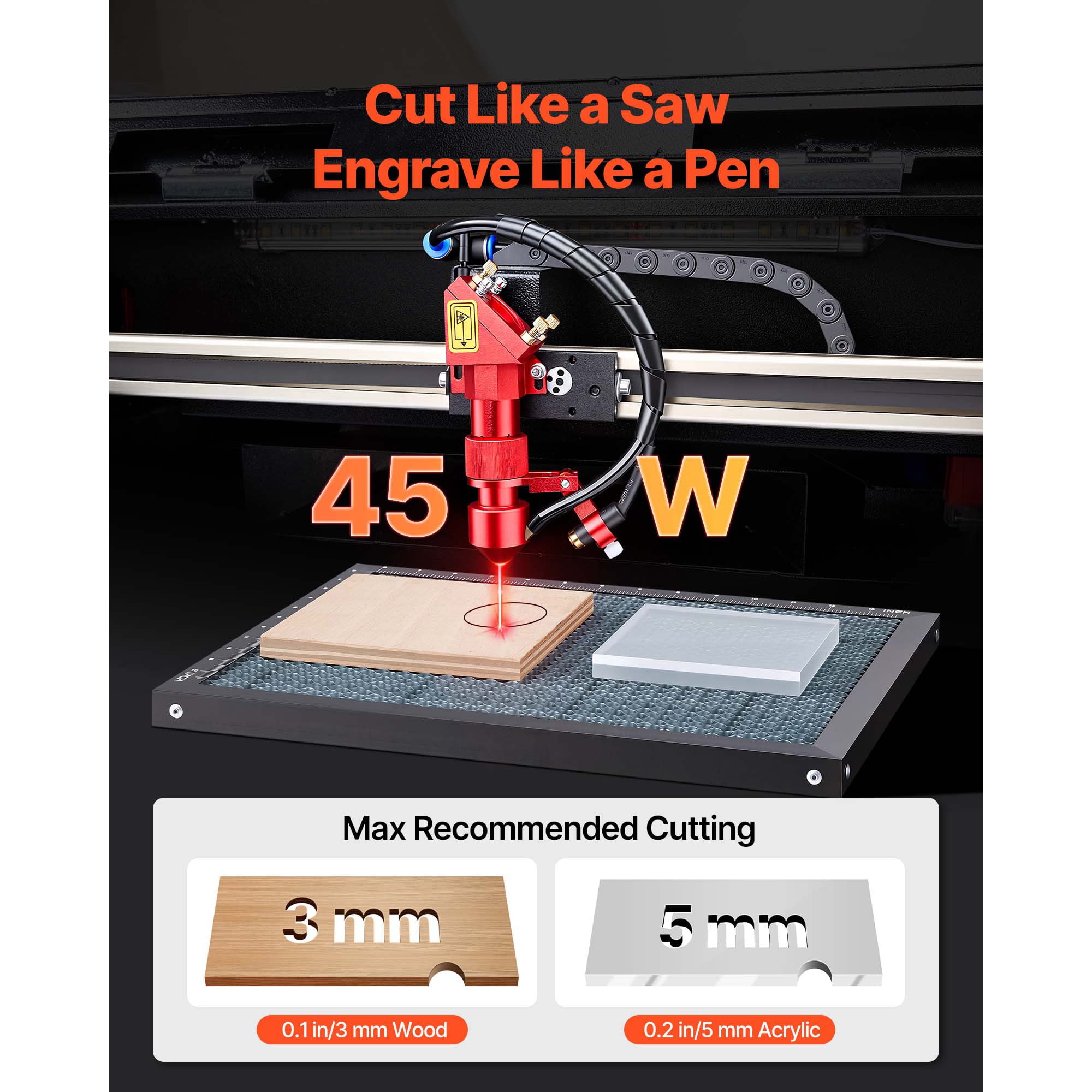KFFKFF 45W CO2 Laser Engraver, 12 x 8 in Desktop Laser Cutter and Engraving Machine with Rotary Axis, Air Assist, Compatible with LightBurn, CorelDRAW, and GRBL for Wood, Acrylic, and Glass