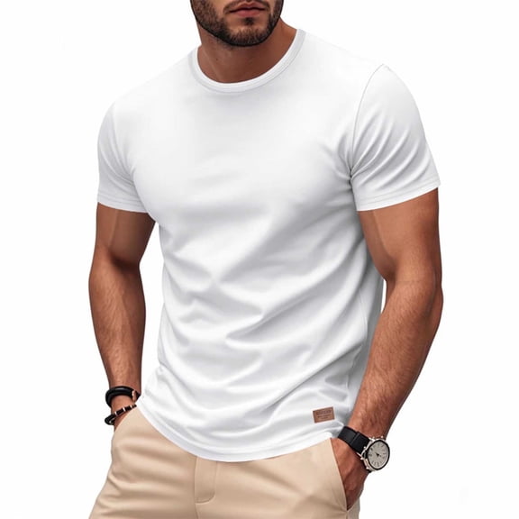 Jessboyy Men's T Shirts Short Sleeve Round Neck T Shirt for Men Fitted Solid Color Basic Tee Going Out Tops Summer Tshirt White L