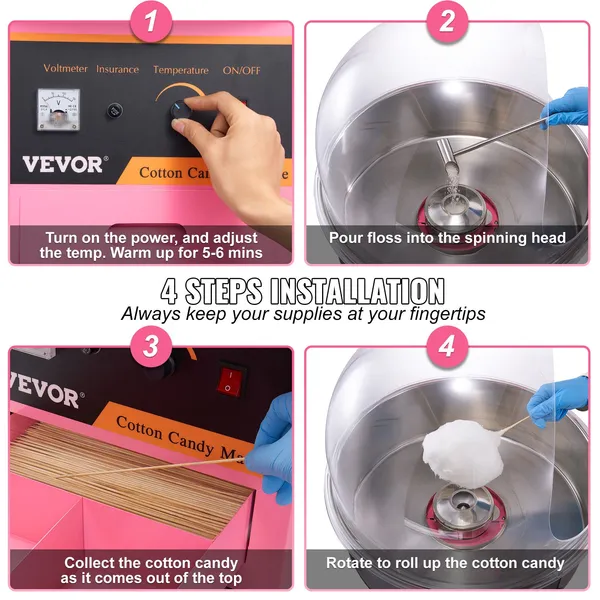 Pink 1000W Commercial Cotton Candy Machine Cart with Bubble Cover Stainless Steel Bowl Sugar Scoop and Drawer for Home Kids Birthday Family Party