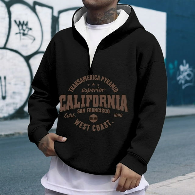MHFRRA Sudadera con Capucha y Cremallera de Un Cuarto con Estampado de Letras, Cómoda y Casual, Interior Suave para Uso Diario Negro