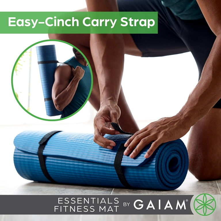 Gaiam Essentials Thick Yoga Mat Fitness & Exercise Mat with Easy-Cinch  Carrier Strap, Navy, 72L X 24W X 2/5 Inch Thick, 10mm