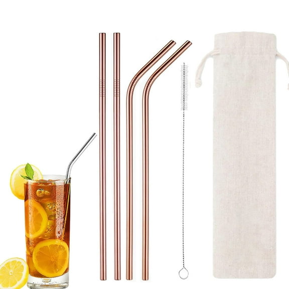 4PCS Reusable Metal Straws, 10.4" Stainless Steel Straws with Bag and Cleaning Brush for 20/30 Oz for Tumblers (Rose Gold)