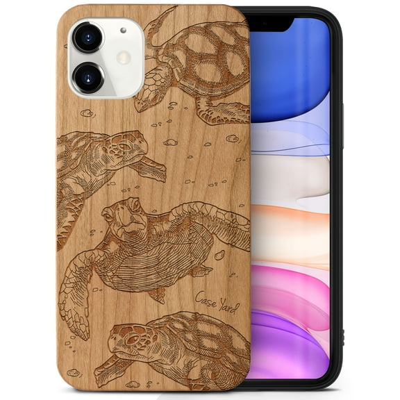 Case Yard Wooden Case Outside Soft TPU Silicone, Slim Fit Shockproof Wood Protective Phone Cover for Girls Boys Men and Women, Supports Wireless Charging Tortugas Design case for iPhone-11