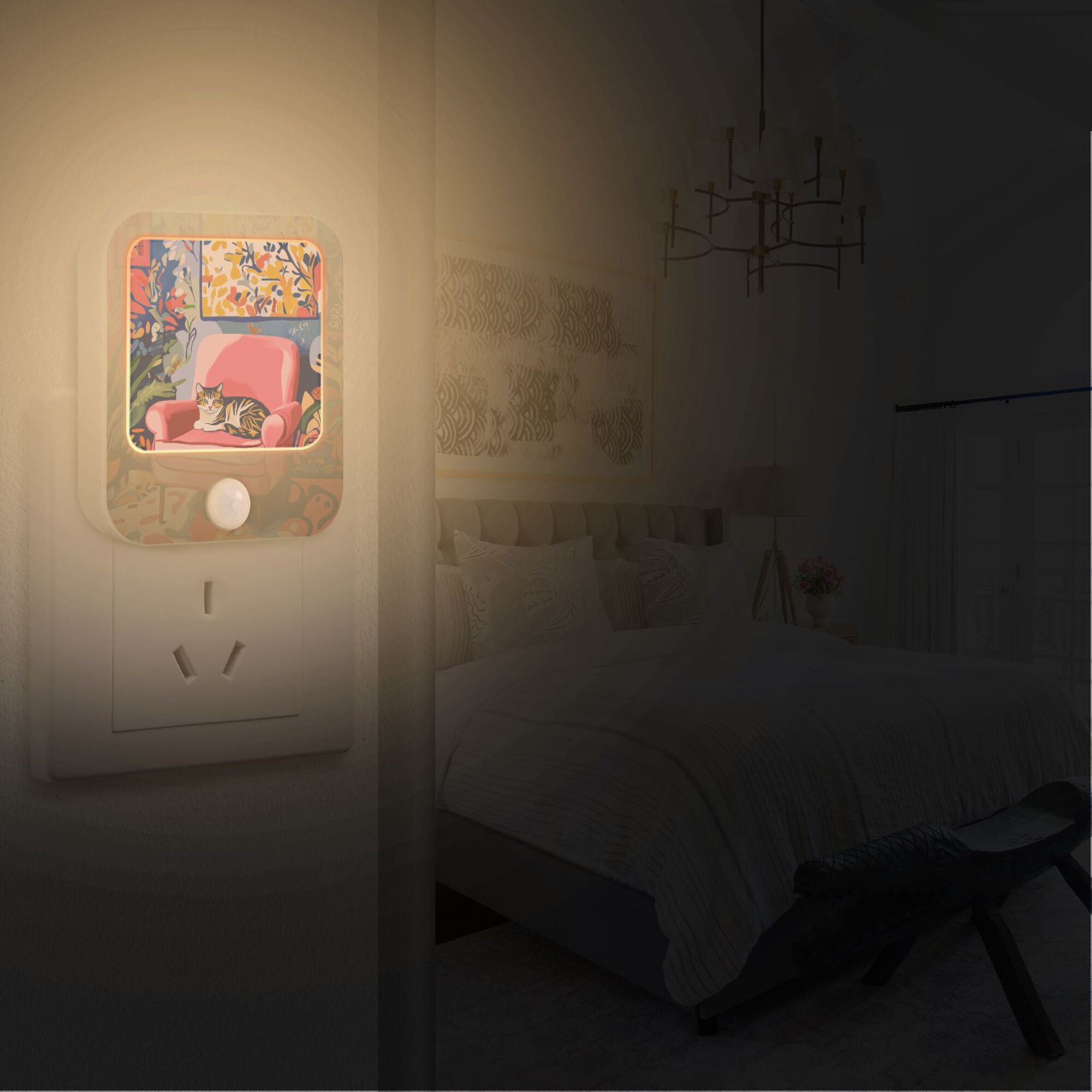 Yayeee LED Night Lights with Motion Detectors Auto Dusk to Dawn Light Sensors, 2 Pack, Art Cat