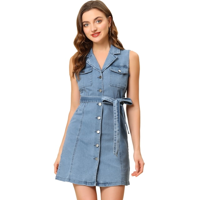 INSPIRE CHIC Vestido Vaquero Sin Mangas Con Botones Y Cinturón Para Mujer Azul claro XS