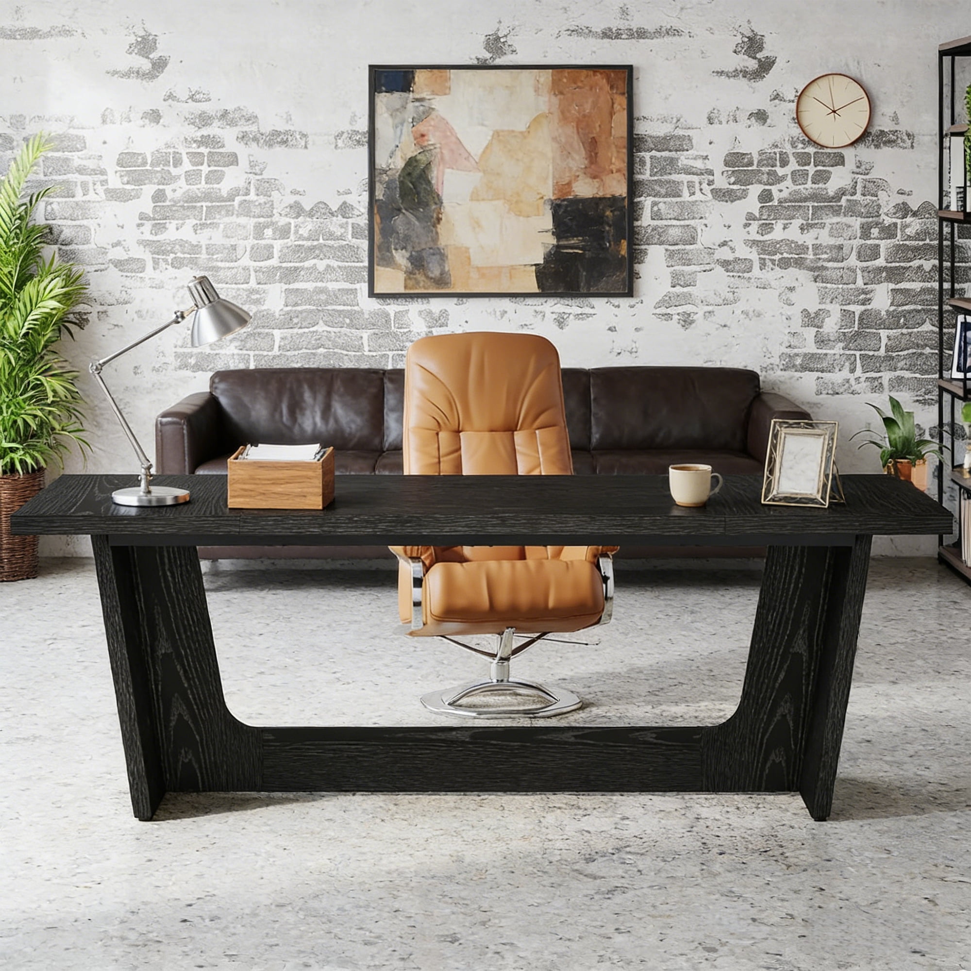 70.87-Inch Executive Computer Desk, Large Home Office Desk With Solid Wooden Pedestal, Industrial Black Wood Study Writing Table, 330LBS Heavy-Duty Workstation, Black Business Furniture
