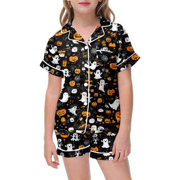 Weebloom Halloween Little Girls Summer Pajamas Pumpkin Cute Ghost Sets Casual Round Neck Short Sleeve Button Down Shirt And Shorts Outfit Toddler Sleepwear Nightwear Pjs Loungewear 6-7 Years