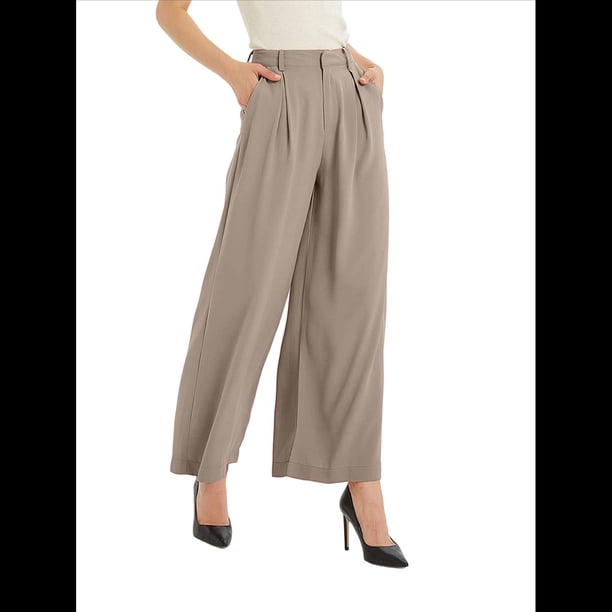 Pantalones Palazzo Largos de Pierna e Informales de Cintura Alta para Mujer, Talla Regular Caqui L