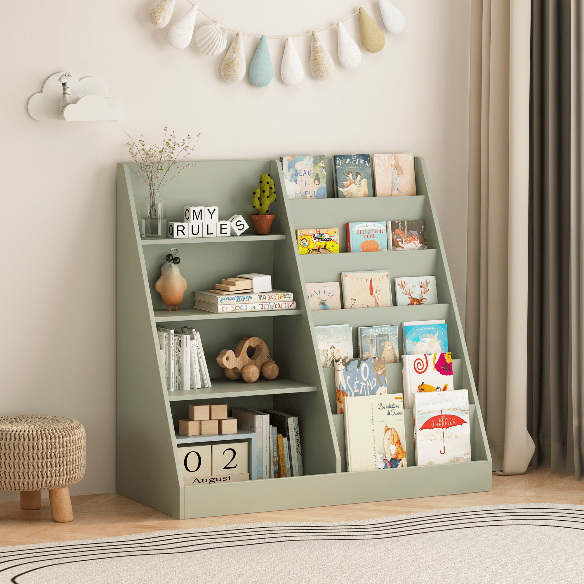 Kids Bookshelf and Toy Storage Organizer, Multifunctional 4 Tier Wooden Kids Book Shelf with Bookcase Display Stand in Kids Room Playroom Nursery for Kids, Children, Toddlers (Sage)