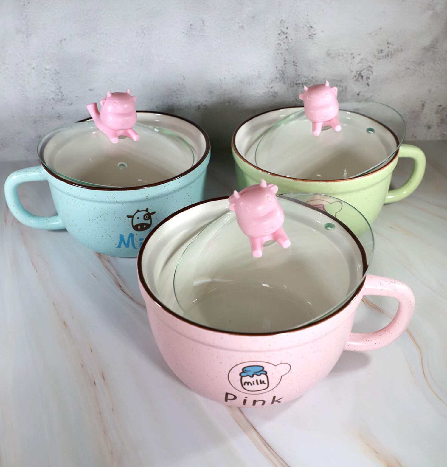 Microwavable Ceramic Noodle Bowl with Handle and Glass Lid Cute Cartoon
