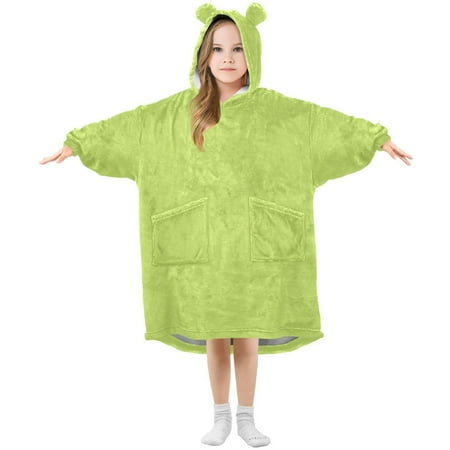 

joogoo Wearable Blanket Hoodie for Kids Green Pattern Flannel Oversized Sweatshirt 3-14 Years M