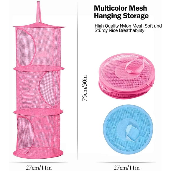 2 Pcs Hanging Mesh Stuffed Animal Storage Hammock Net, Foldable Toy Storage Organizer 3 Compartments Net for Stuffed Animals Corner for Boys, Girls, Gloves, Hats, Socks
