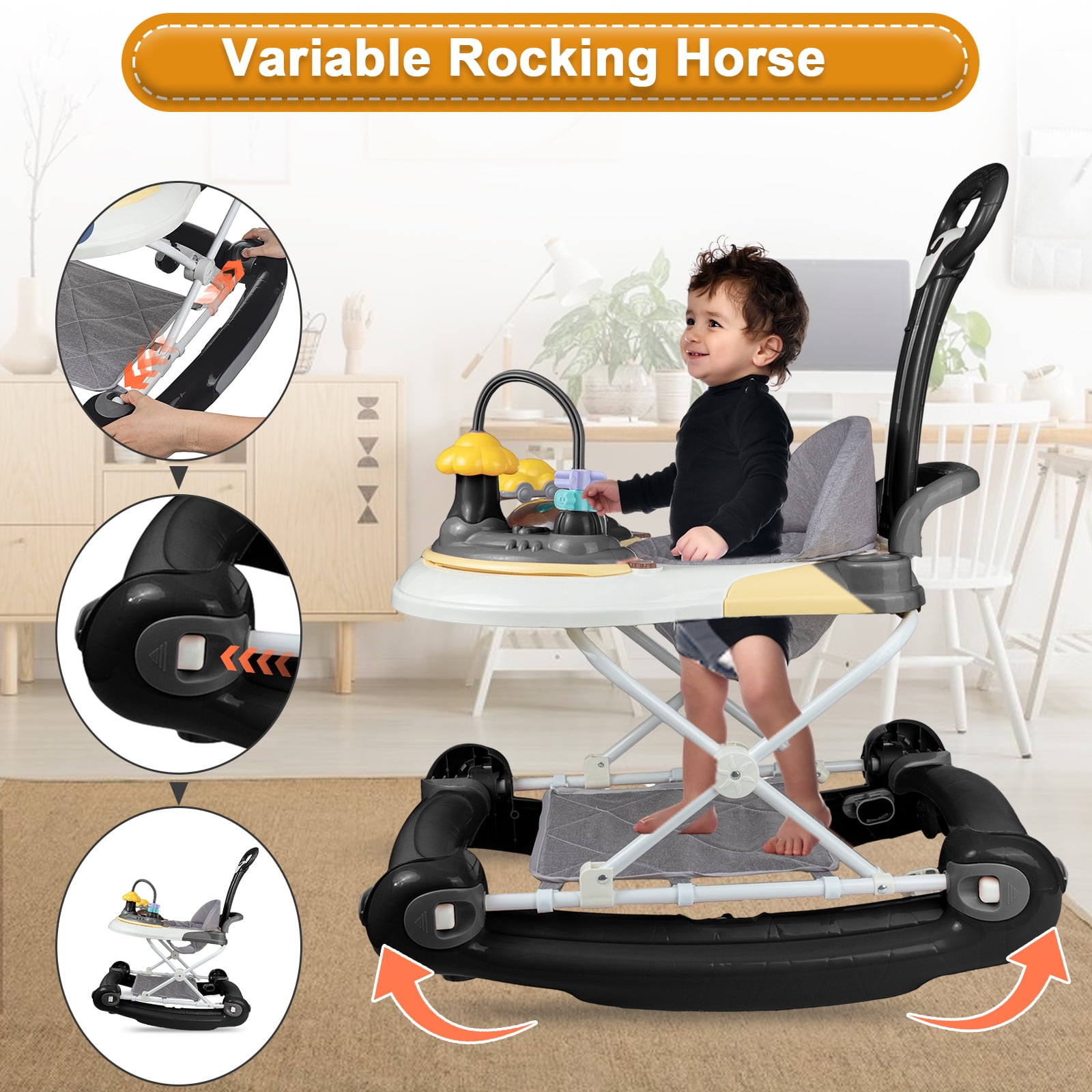 EONROACOO 5-in-1 Baby Walker for Boys Girls, Adjustable Infant Walkers with Wheels(Black)