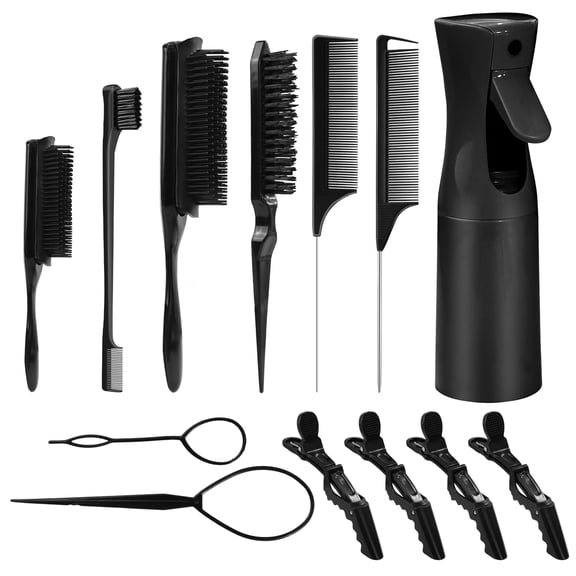 13Pcs Hair Brush Set with Continuous Hair Spray Bottle 6.8oz/200ml, Hair Styling Comb Set Rat Tail Combs for Toddlers, Hair Clip,Edge Brush, Braiding, Slicking Hair for Women, Men (Black)