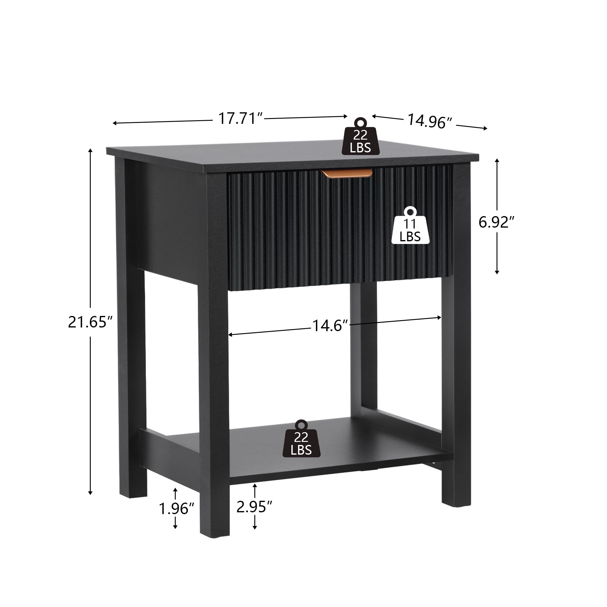 PHOYAL Fluted Nightstand for Bedroom, Wood Bedside Table with Drawers, Black
