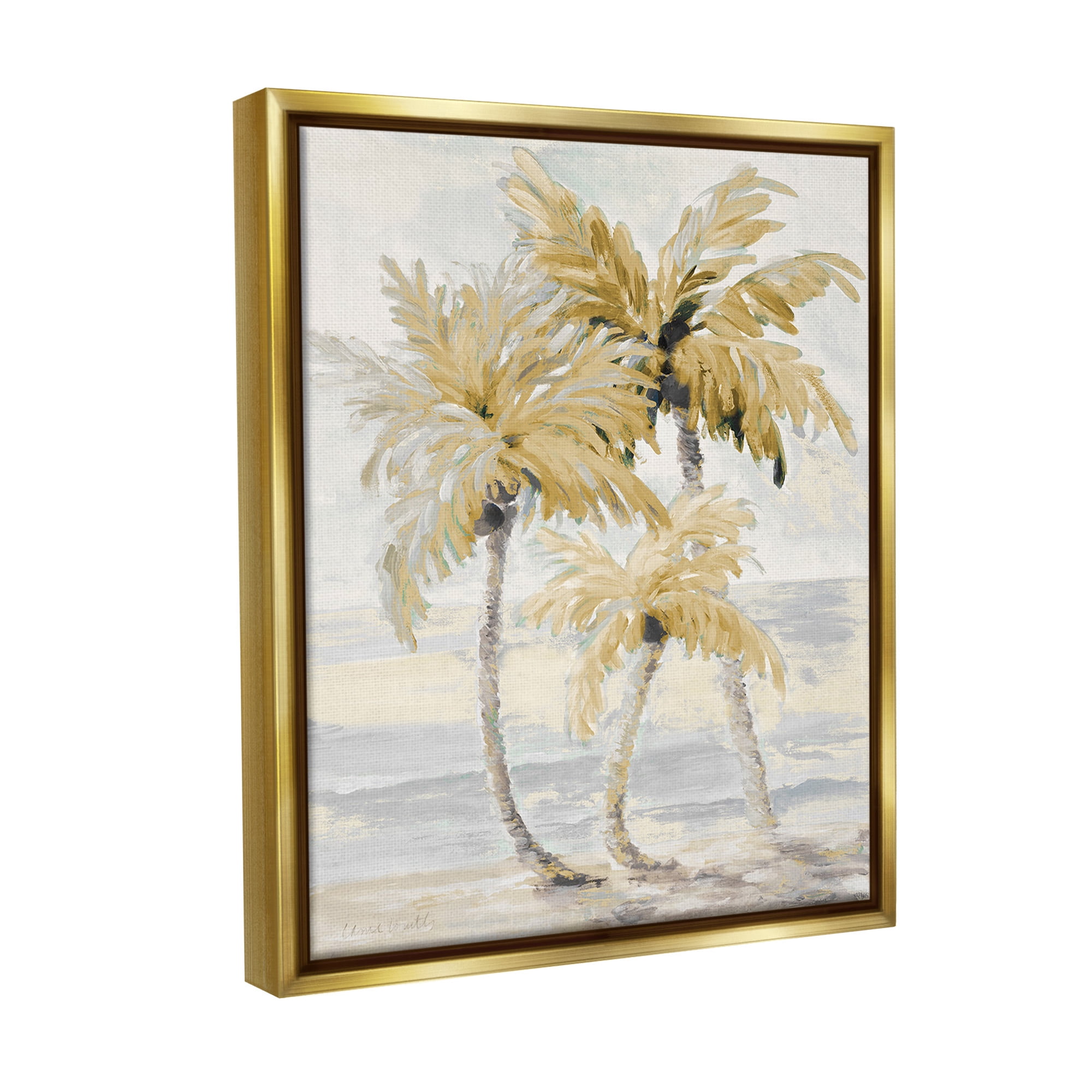Stupell Industries Neutral Beige Palm Trees Landscape Painting Gold Floater Framed Canvas Art Print Wall Art, 17 x 21