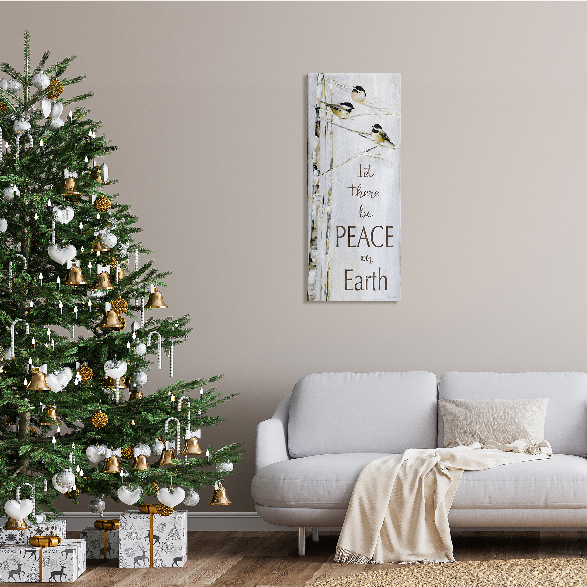 Stupell Industries Peace on Earth Phrase Winter Birds Snowy Tree, 17 x 40, Design by Sally Swatland