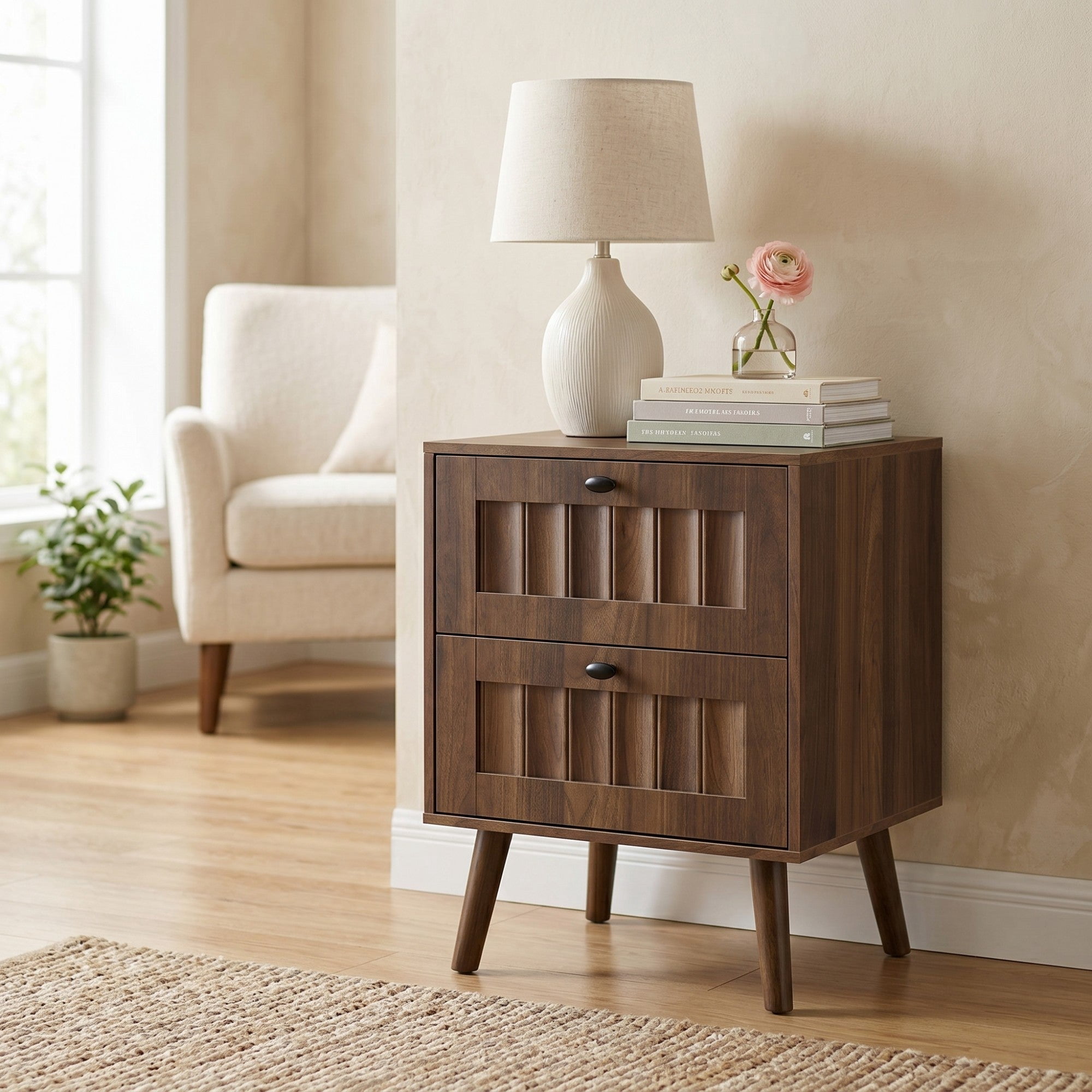 Sailvan Mid-Century Modern Double-Drawer Bedside Table 2-Pack, Walnut with Solid Wood Legs