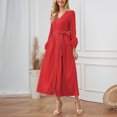 thumbnail image 2 of Gibobby Vestido de punto trenzado Vestido ajustado con cinturón y cuello en V de color liso para mujer(Rojo,G), 2 of 5