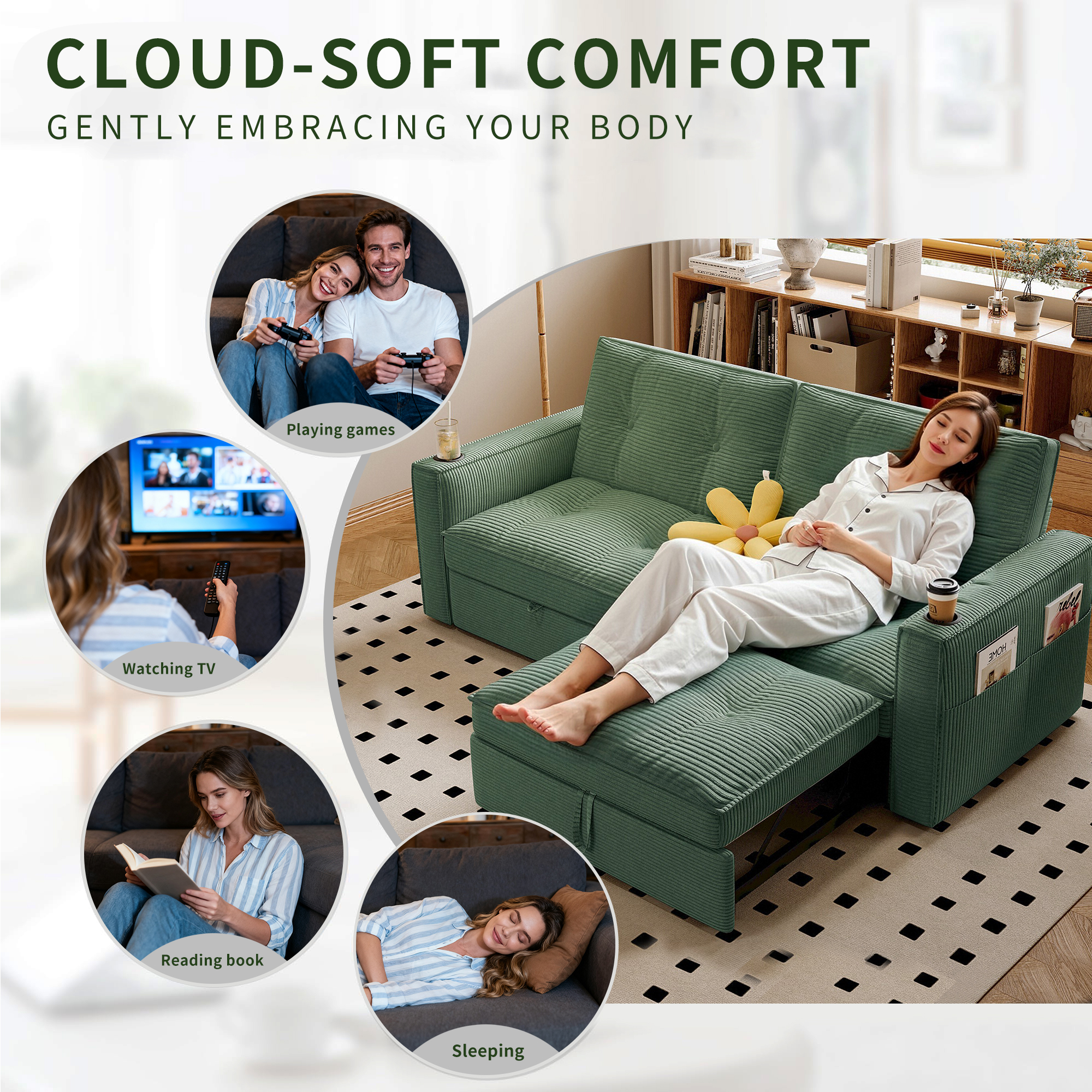73.2'' Sleeper Sofa Bed Full, Corduroy Pull Out Couch, Modern L Shaped Convertible Sofa, Futon Couches, Comfy Loveseat, Adjustable Backrest & Side Pockets, for Small Space, Living Room, Green