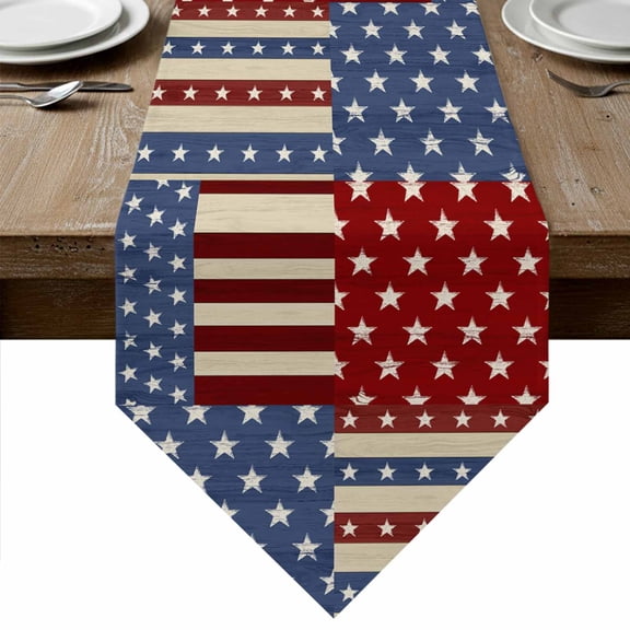 4th of July Table Runner Linen Burlap Table Runner 60 Inches Long Independence Day Red Blue Vintage Dresser Scarves for Kitchen Island Coffee Dining Room Party Wedding Banquet Holiday Decor 13"x60"