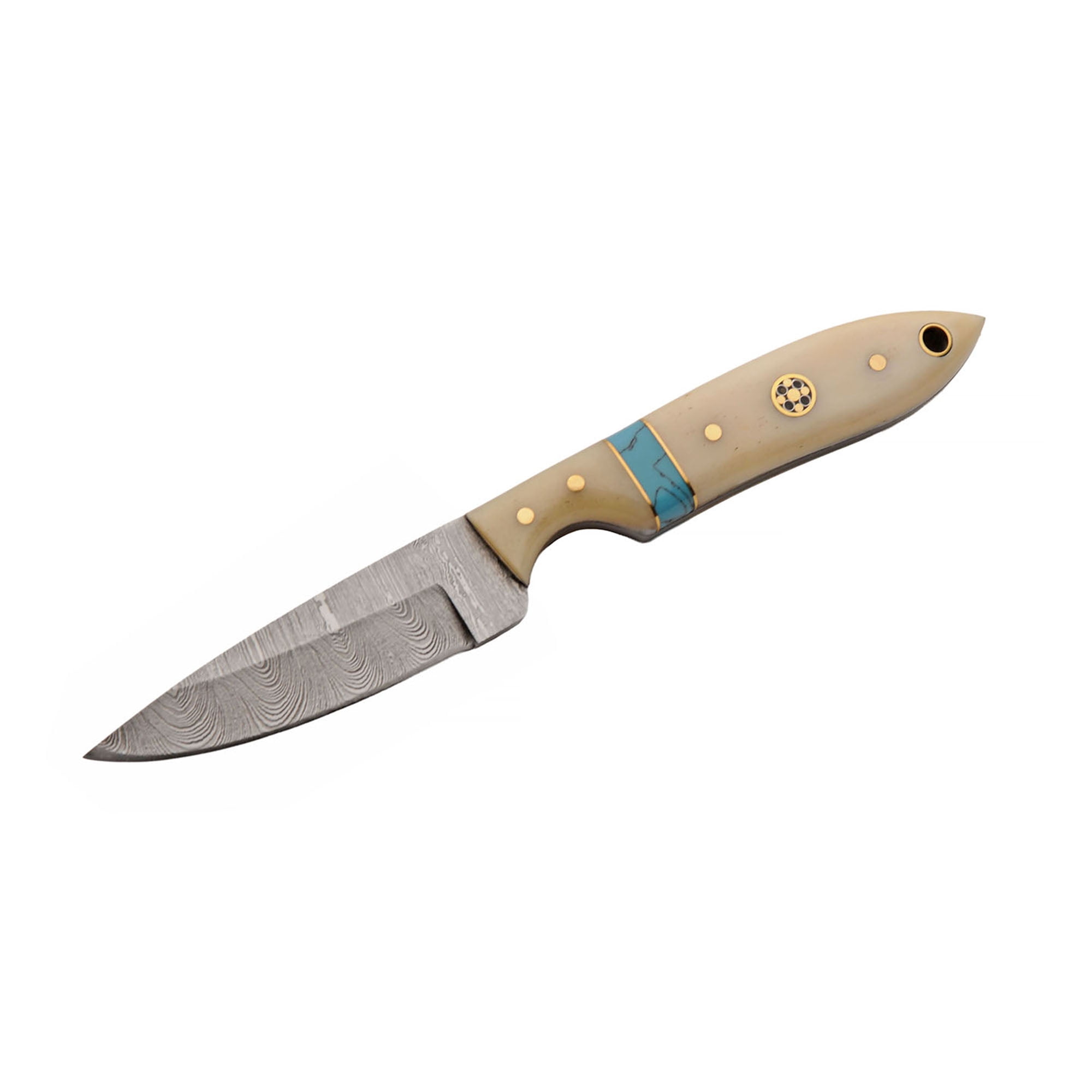 SANZ Tooth Bone 7.25 Inch Decorative Display Utility Knife Damascus Pattern Blade Bone Handle with Leather Sheath