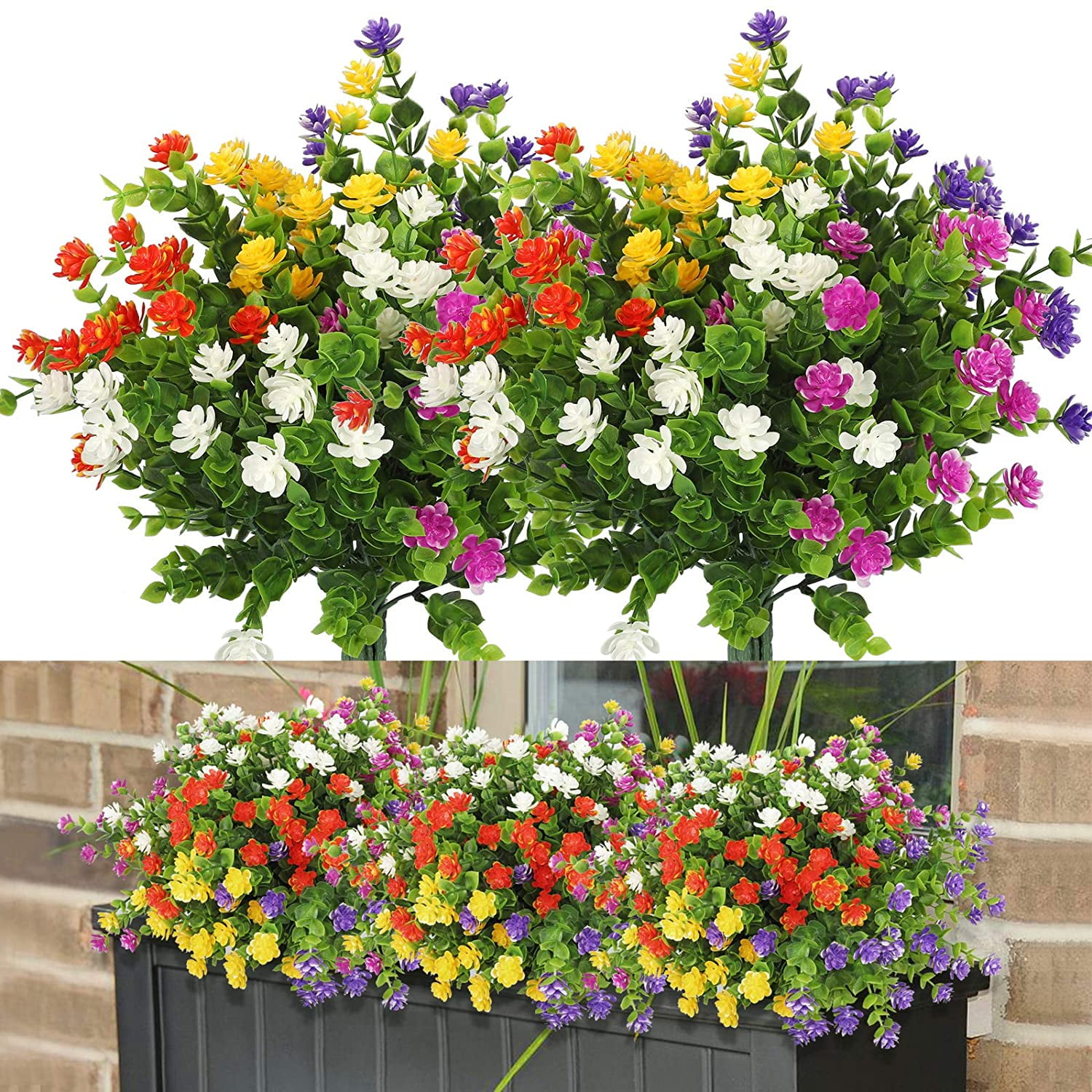 Artificial Fake Flowers 4 Bundles Outdoor UV Resistant Greenery Shrubs-Plants 