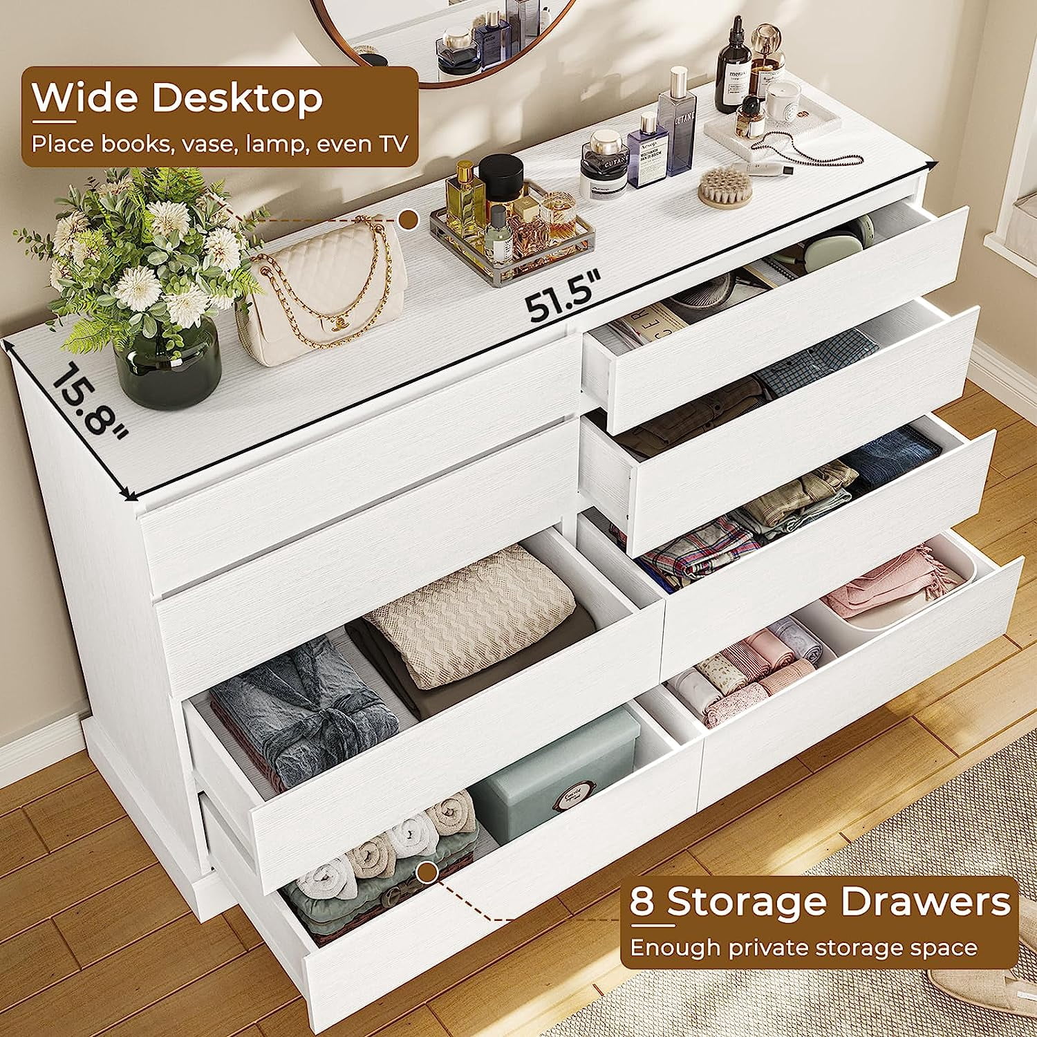 8 Drawers Double Dresser Wooden White Dresser Chest of Drawers for Bedroom,Large Storage Cabinet for Home Living Room